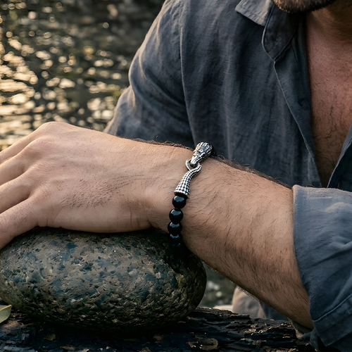 The Apex Flex | Onyx & Sculpted Steel "Tail-Bite" Bracelet