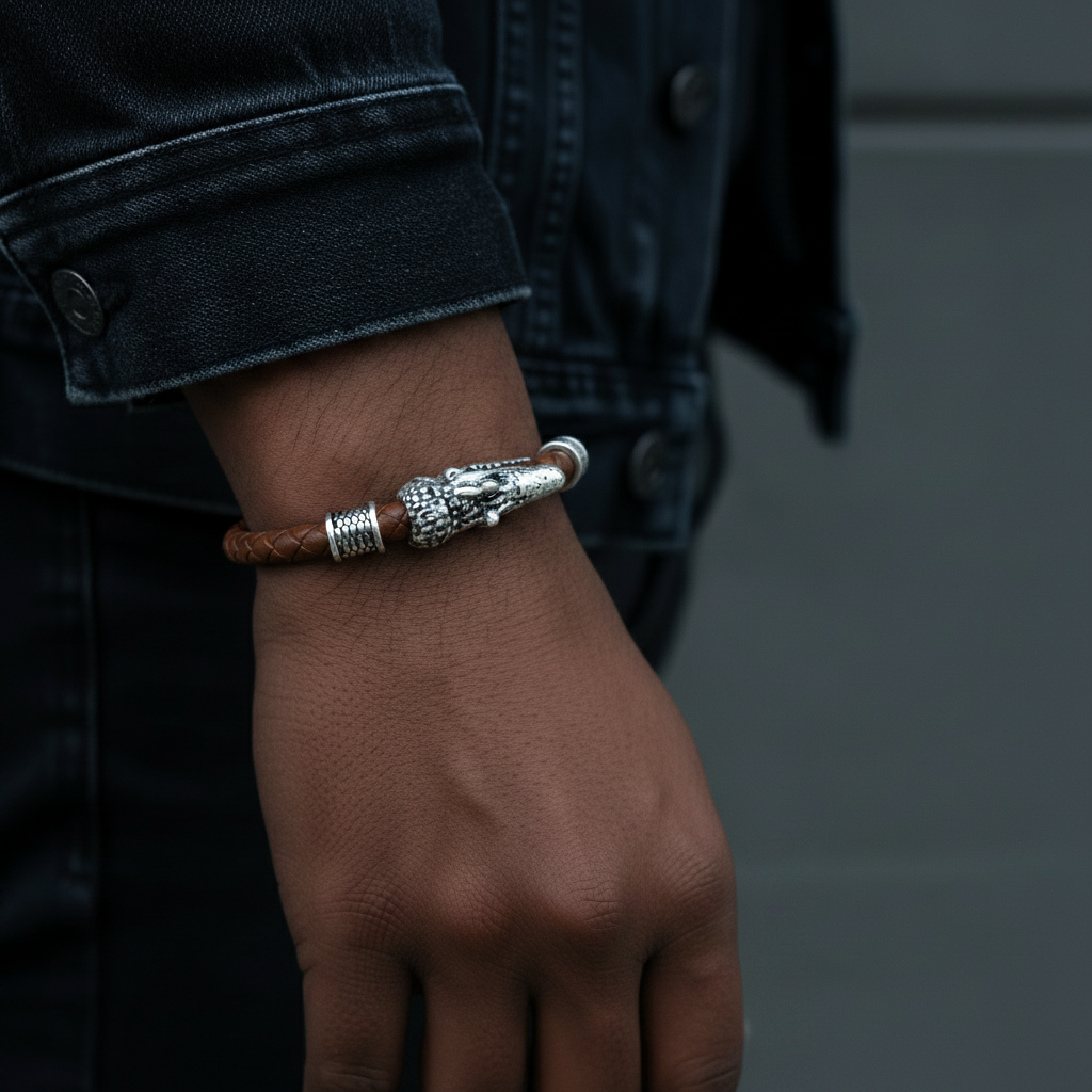 The Apex Guard | Braided Brown Leather & Steel Crocodile Head