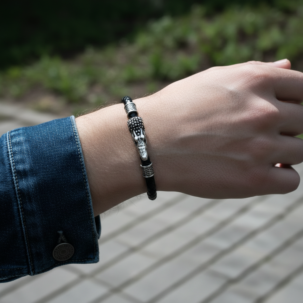 The Apex Guard | Braided Black Leather & Steel Crocodile Head