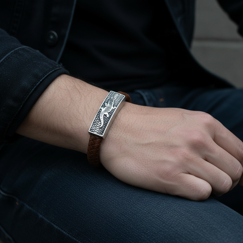The Apex Bar | Braided Brown Leather & Etched Steel