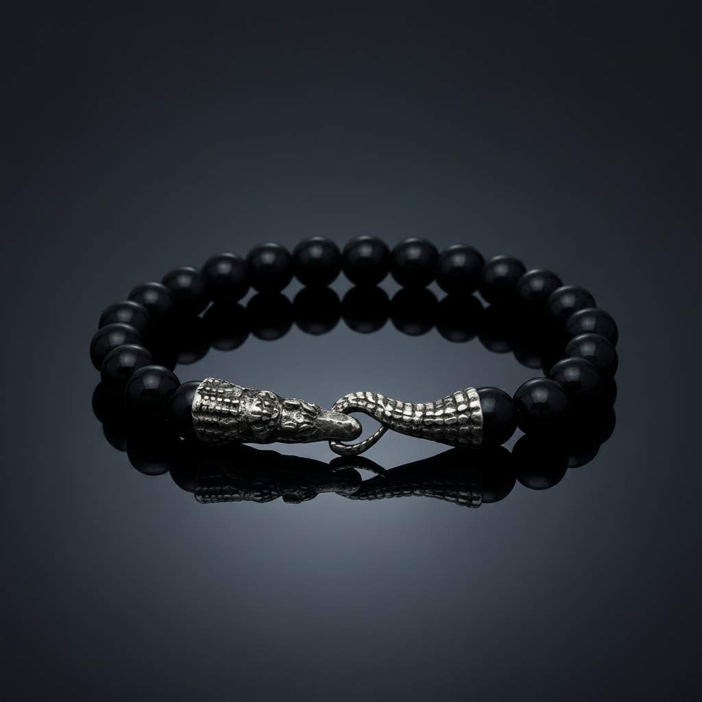 The Apex Flex | Onyx & Sculpted Steel "Tail-Bite" Bracelet