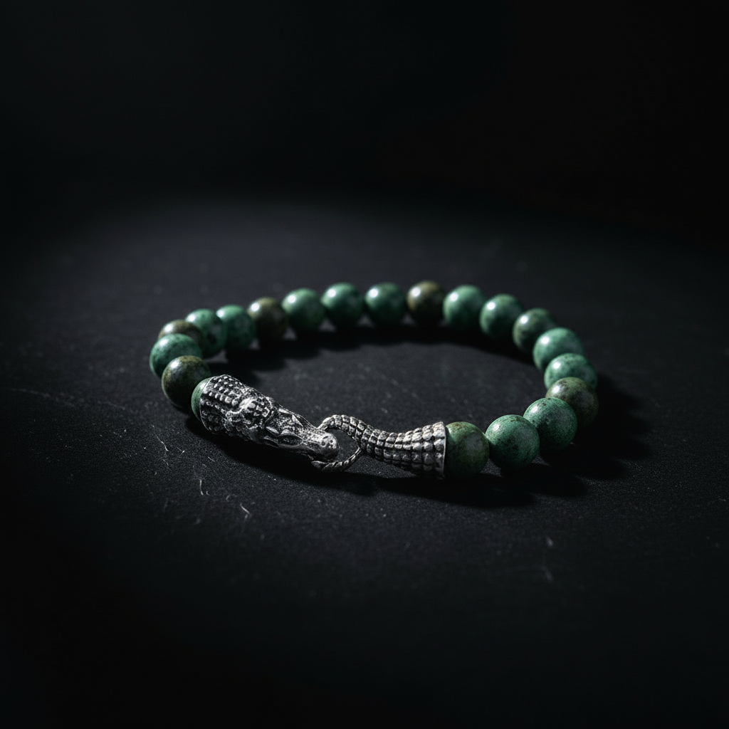 The Apex Flex | Moss Jasper & Sculpted Steel "Tail-Bite" Bracelet