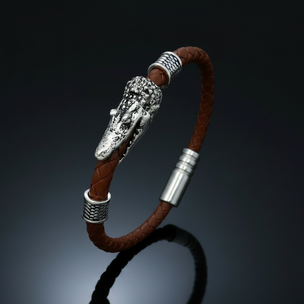 The Apex Guard | Braided Brown Leather & Steel Crocodile Head