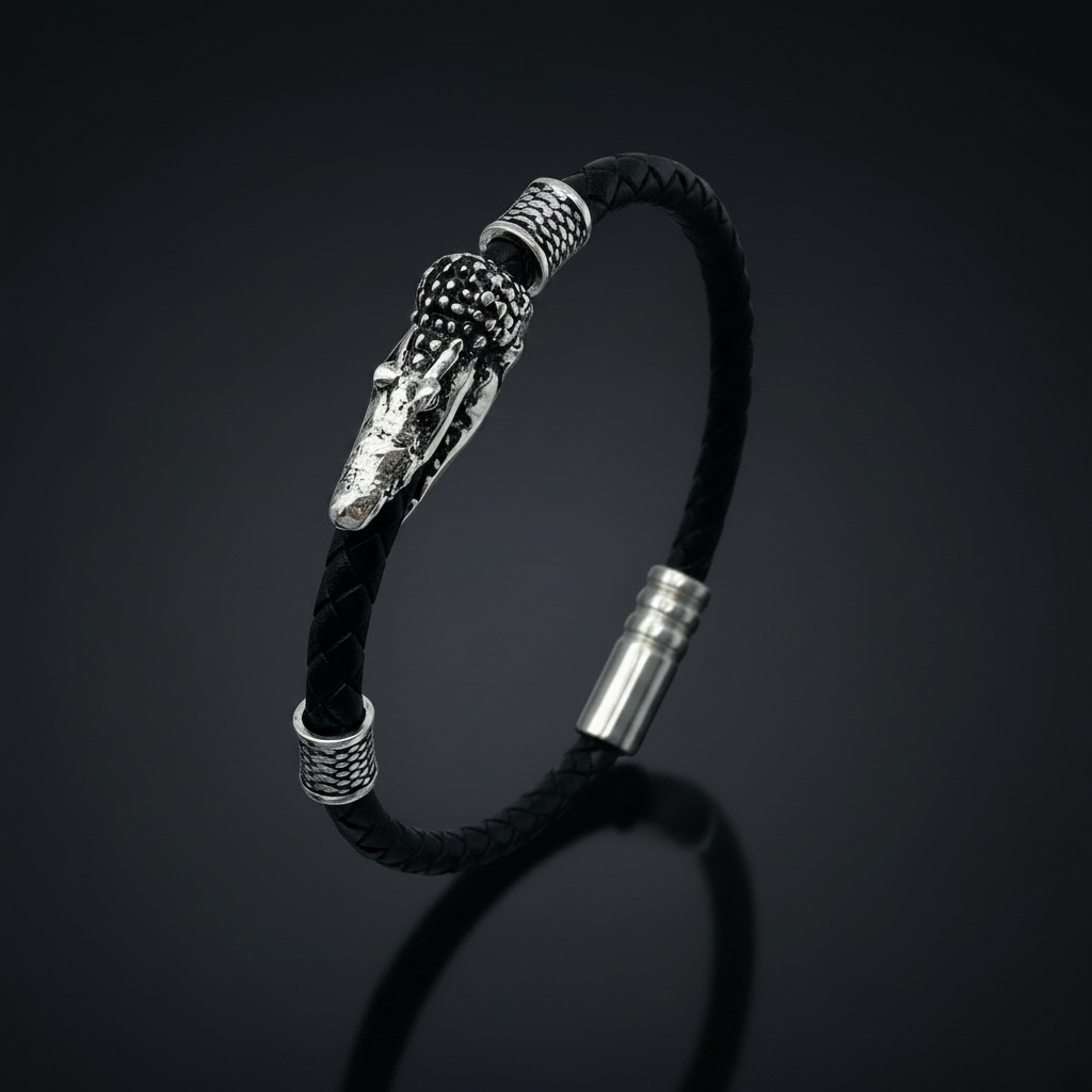 The Apex Guard | Braided Black Leather & Steel Crocodile Head