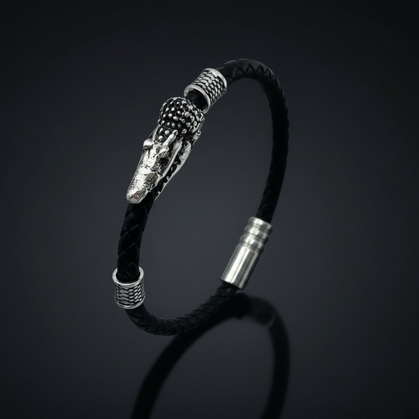 The Apex Guard | Braided Black Leather & Steel Crocodile Head