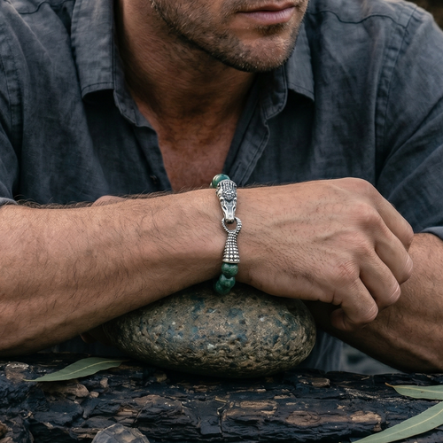 The Apex Flex | Moss Jasper & Sculpted Steel "Tail-Bite" Bracelet
