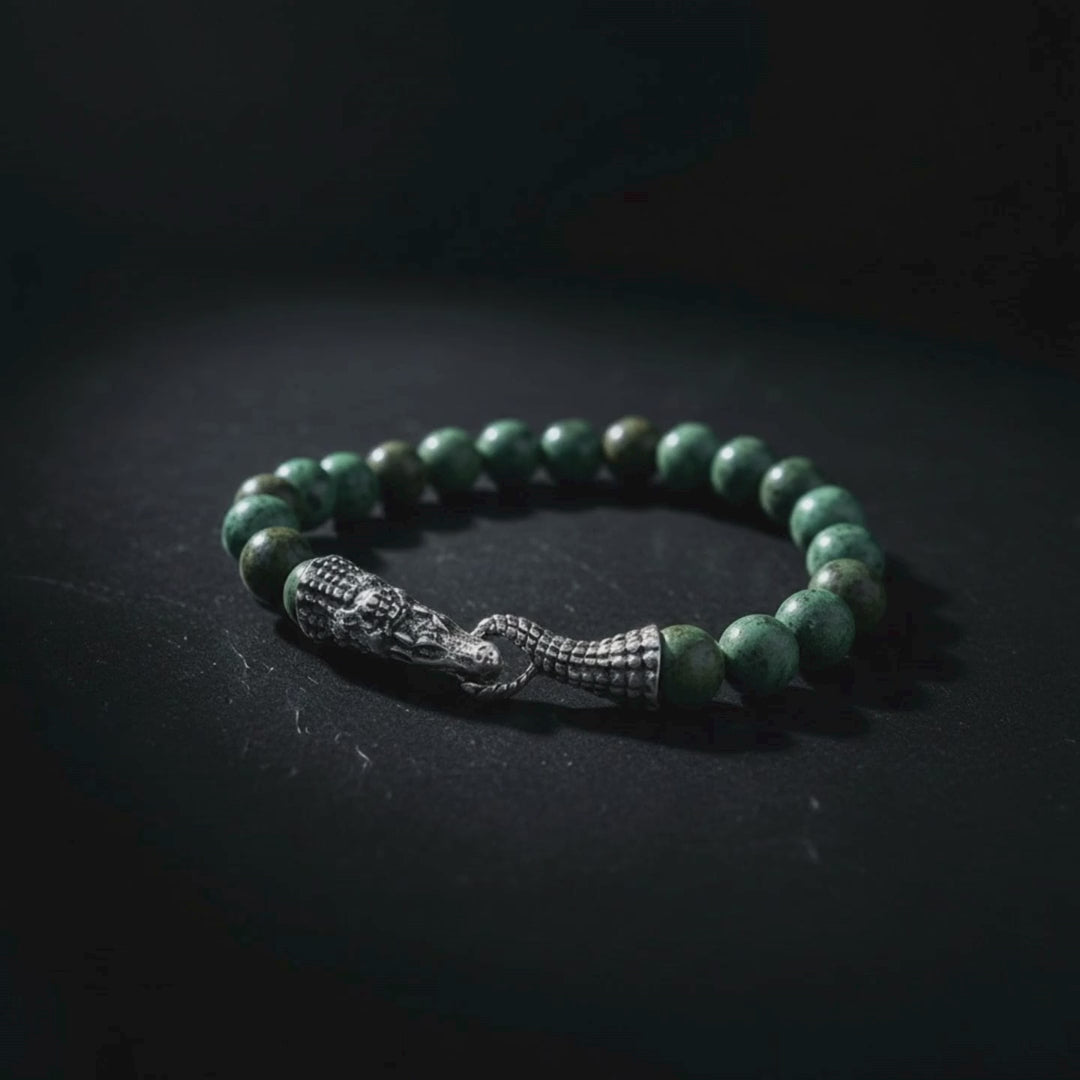 The Apex Flex | Moss Jasper & Sculpted Steel "Tail-Bite" Bracelet