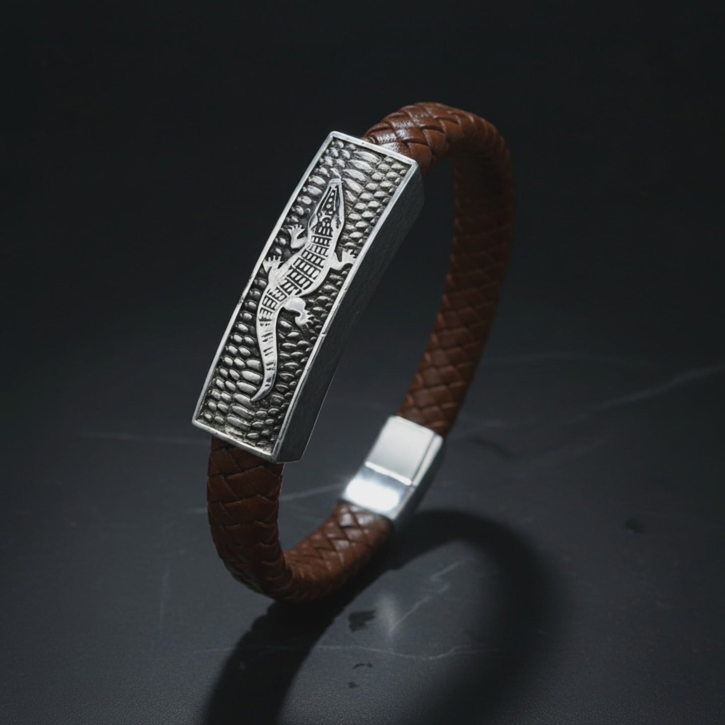 The Apex Bar | Braided Brown Leather & Etched Steel